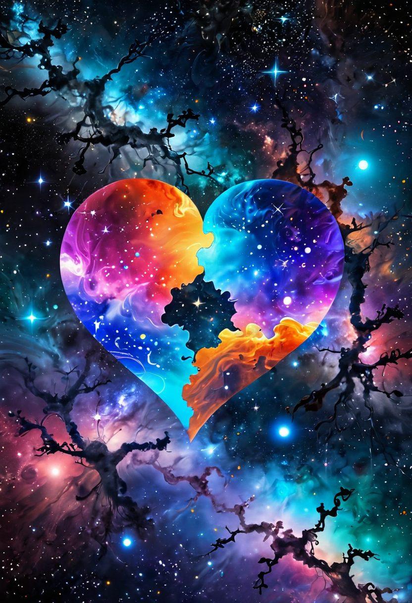 A cosmic scene showing celestial bodies like stars and planets intertwined with glowing heart shapes, representing the concept of love. The background should feature a vast galaxy with vibrant colors, adding depth and mystery. Elements of constellations can be subtly integrated to symbolize connections between individuals, creating a sense of unity. The overall composition should evoke a feeling of warmth and emotional intimacy amidst the expansive universe. super-realistic. vibrant colors. cosmic theme.