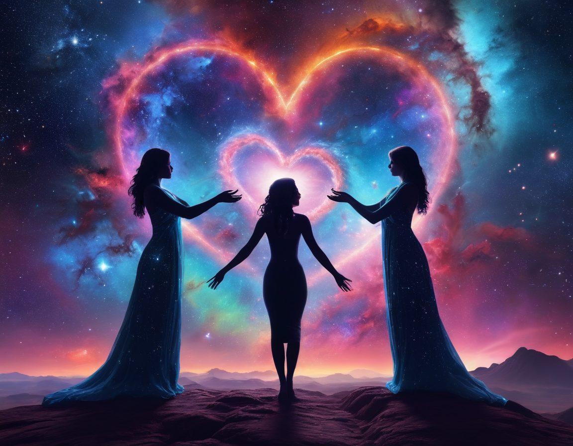 A stunning cosmic landscape showcasing a glowing nebula filled with vibrant colors, two ethereal figures reaching out to each other across the stars, surrounded by twinkling galaxies. Incorporate symbols of love like hearts and intertwined rings made of stardust. The scene should evoke feelings of connection and affection amidst the vastness of space. super-realistic. vibrant colors. cosmic theme.