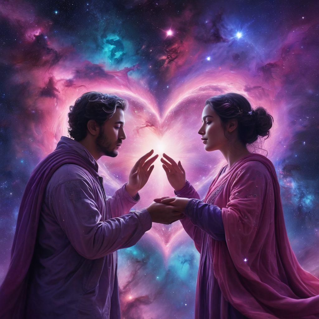 A cosmic scene featuring two ethereal figures reaching out to each other amidst a backdrop of swirling galaxies and sparkling stars, symbolizing eternal love. Vibrant nebulae in hues of pink and purple envelop them, while constellations form heart shapes in the sky. The atmosphere should radiate warmth and passion, evoking a sense of connection across vast distances. super-realistic. vibrant colors. deep space. high detail.